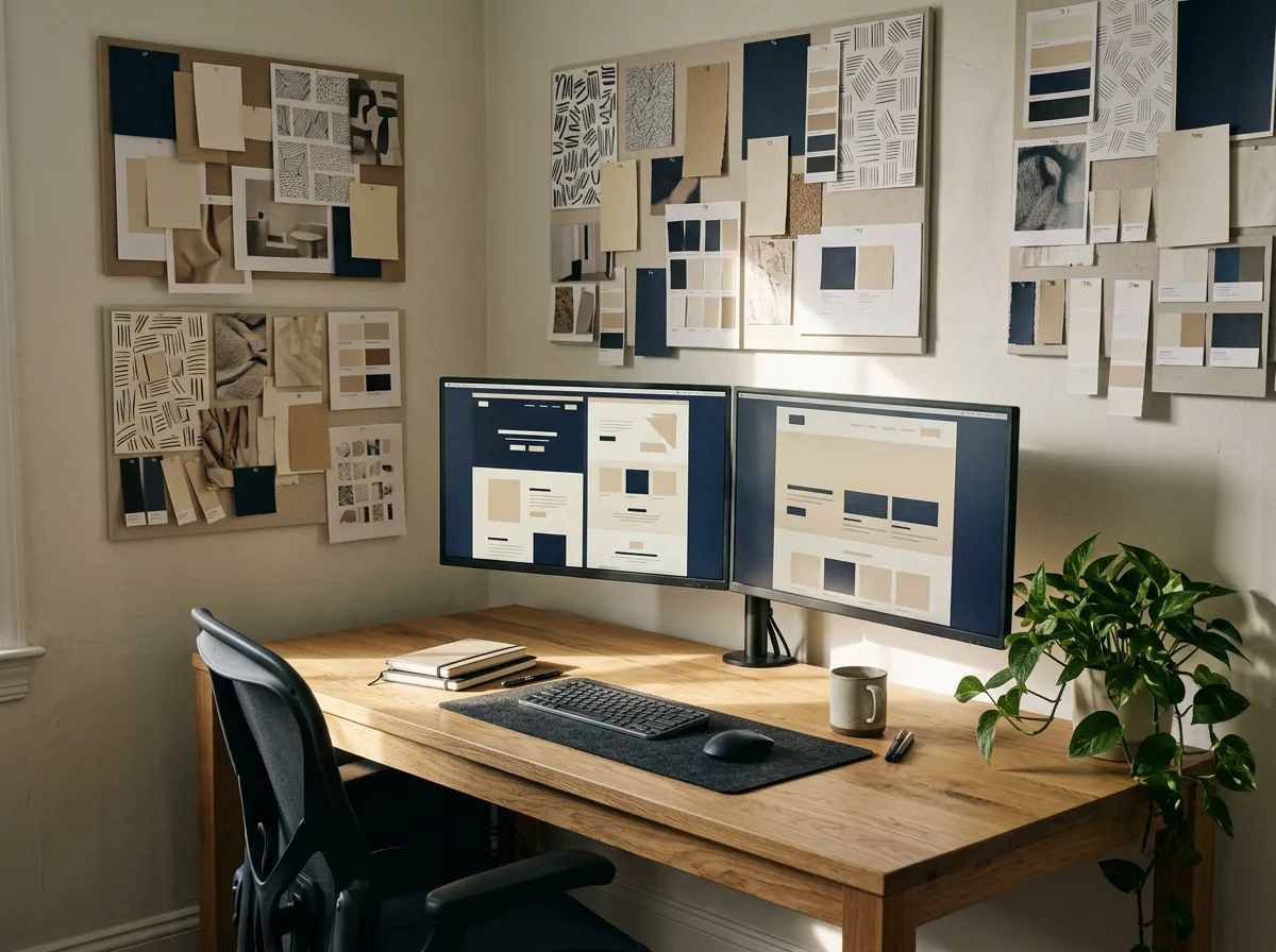 LyvWell Designs studio desk with monitors showing website wireframes and a wall of color swatches